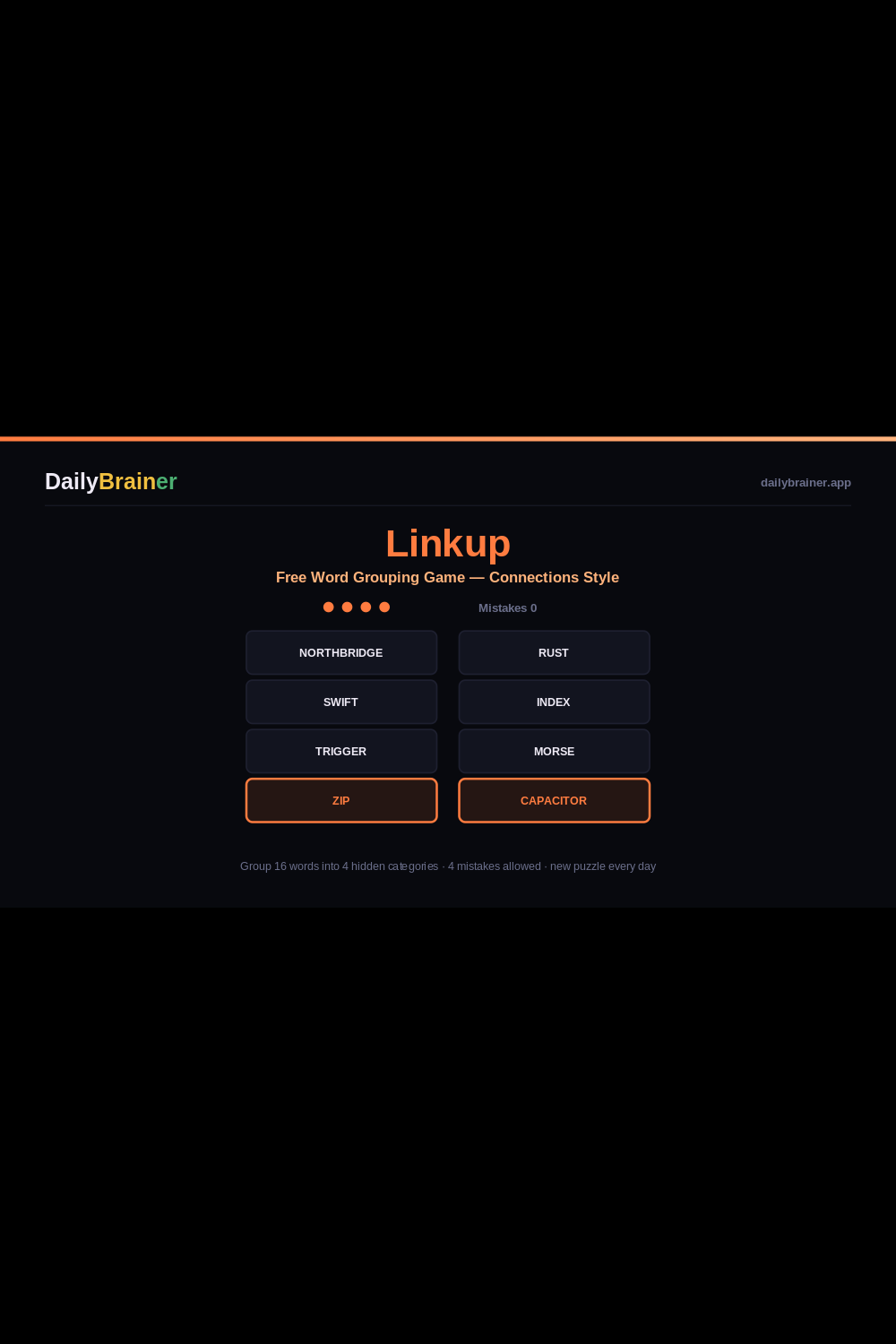 Linkup free word grouping puzzle screenshot, Connections style — sort sixteen words into four hidden categories