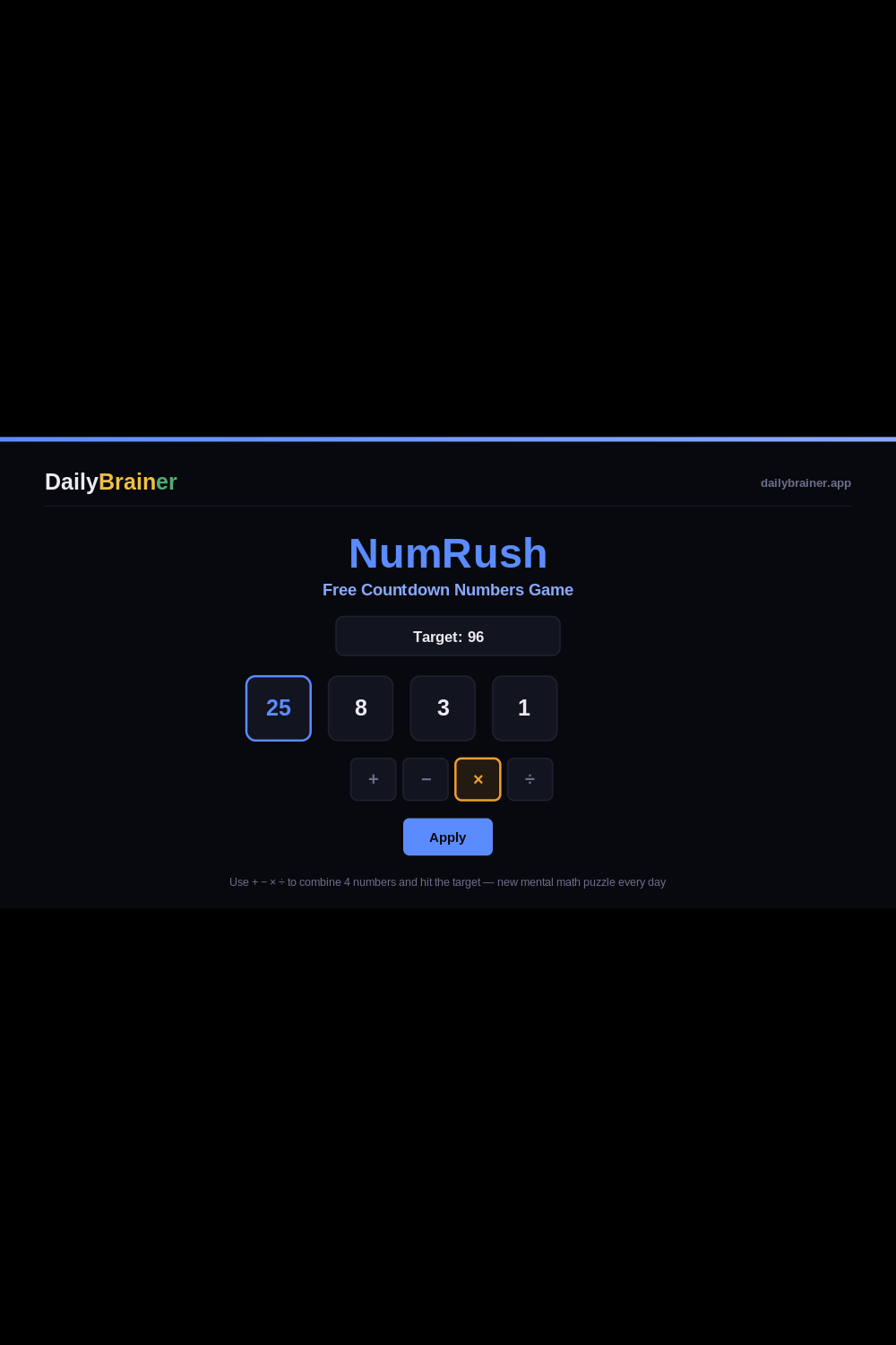 NumRush countdown numbers math puzzle screenshot — combine four numbers with plus, minus, times and divide to hit the target