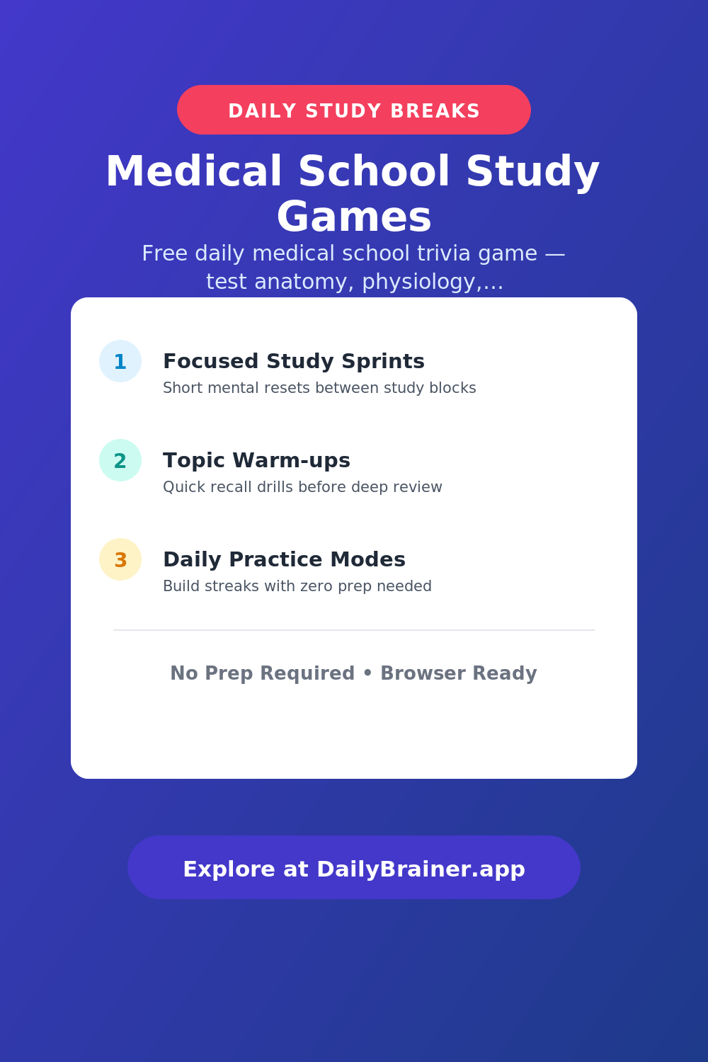 Free Daily Medical School Trivia — Anatomy, Pharmacology & USMLE Prep Medical School Study Games — Free Printable Brain Break Activity | DailyBrainer