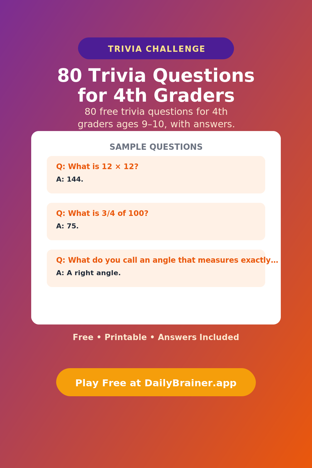 80 Trivia Questions for 4th Graders (Ages 9–10) 80 Trivia Questions for 4th Graders — Free Printable Trivia Questions | DailyBrainer