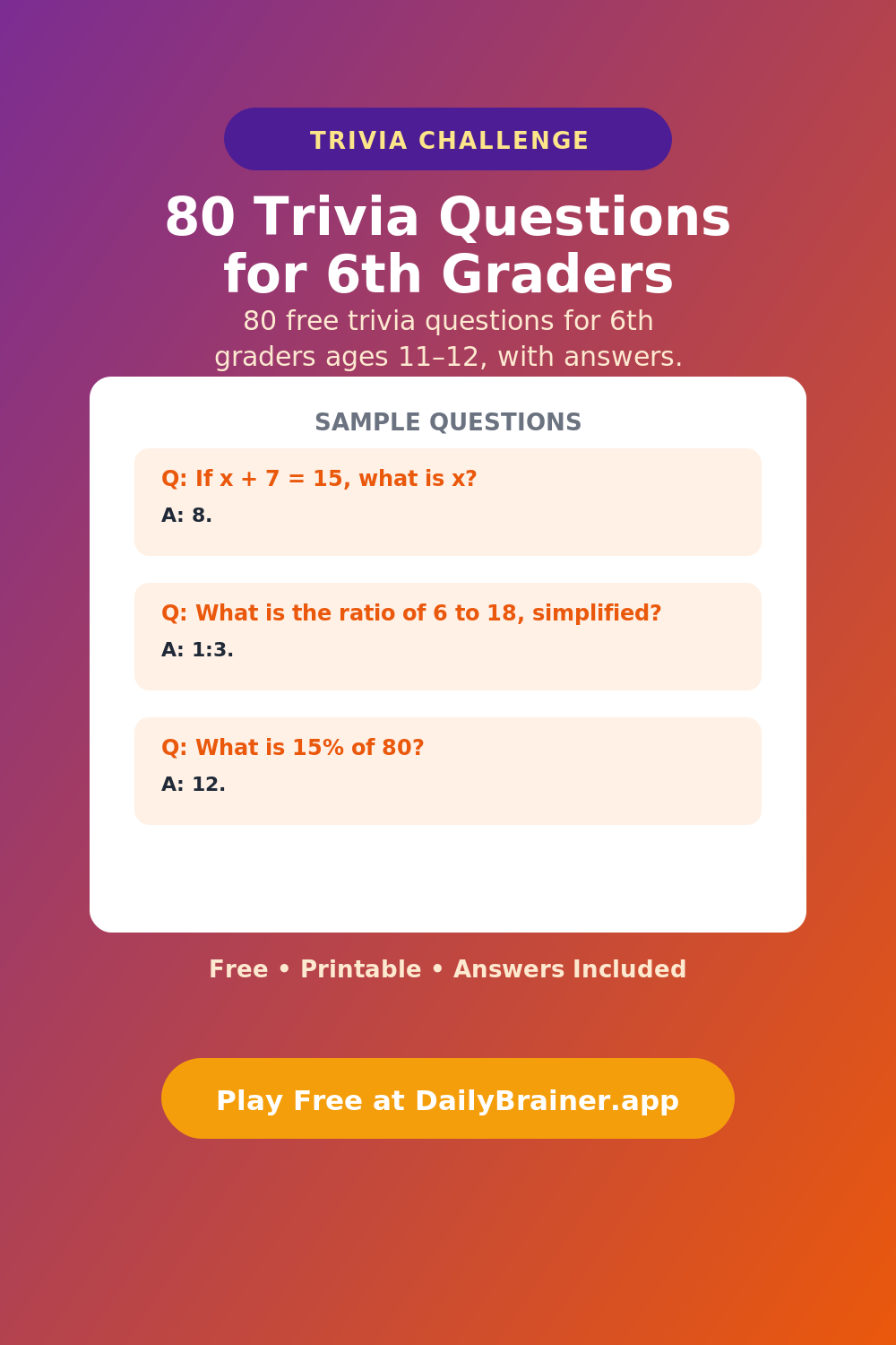 80 Trivia Questions for 6th Graders — Free Printable Trivia Questions | DailyBrainer
