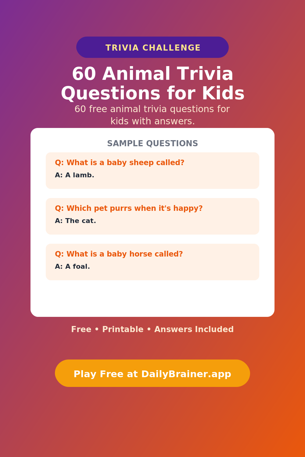 60 Animal Trivia Questions for Kids — Free Printable Trivia Questions | DailyBrainer
