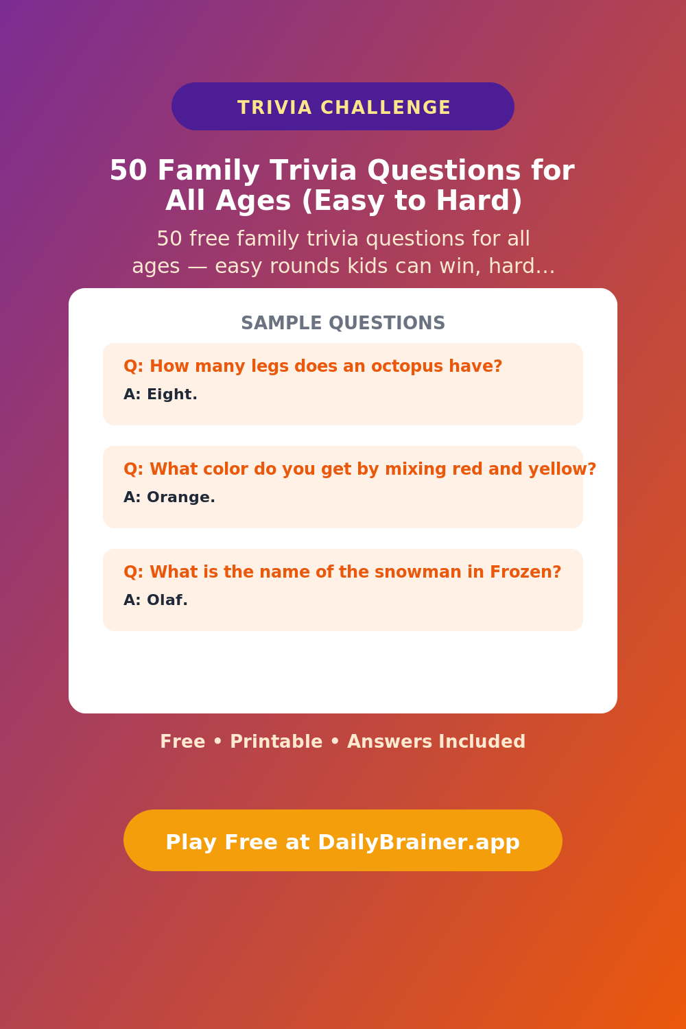 50 Family Trivia Questions for All Ages (Easy to Hard) 50 Family Trivia Questions for All Ages (Easy to Hard) — Free Printable Trivia Questions | DailyBrainer