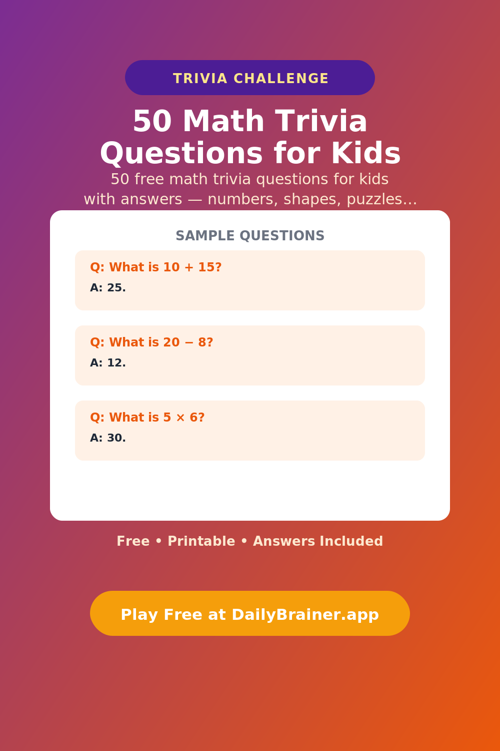 50 Math Trivia Questions for Kids — Free Printable Trivia Questions | DailyBrainer