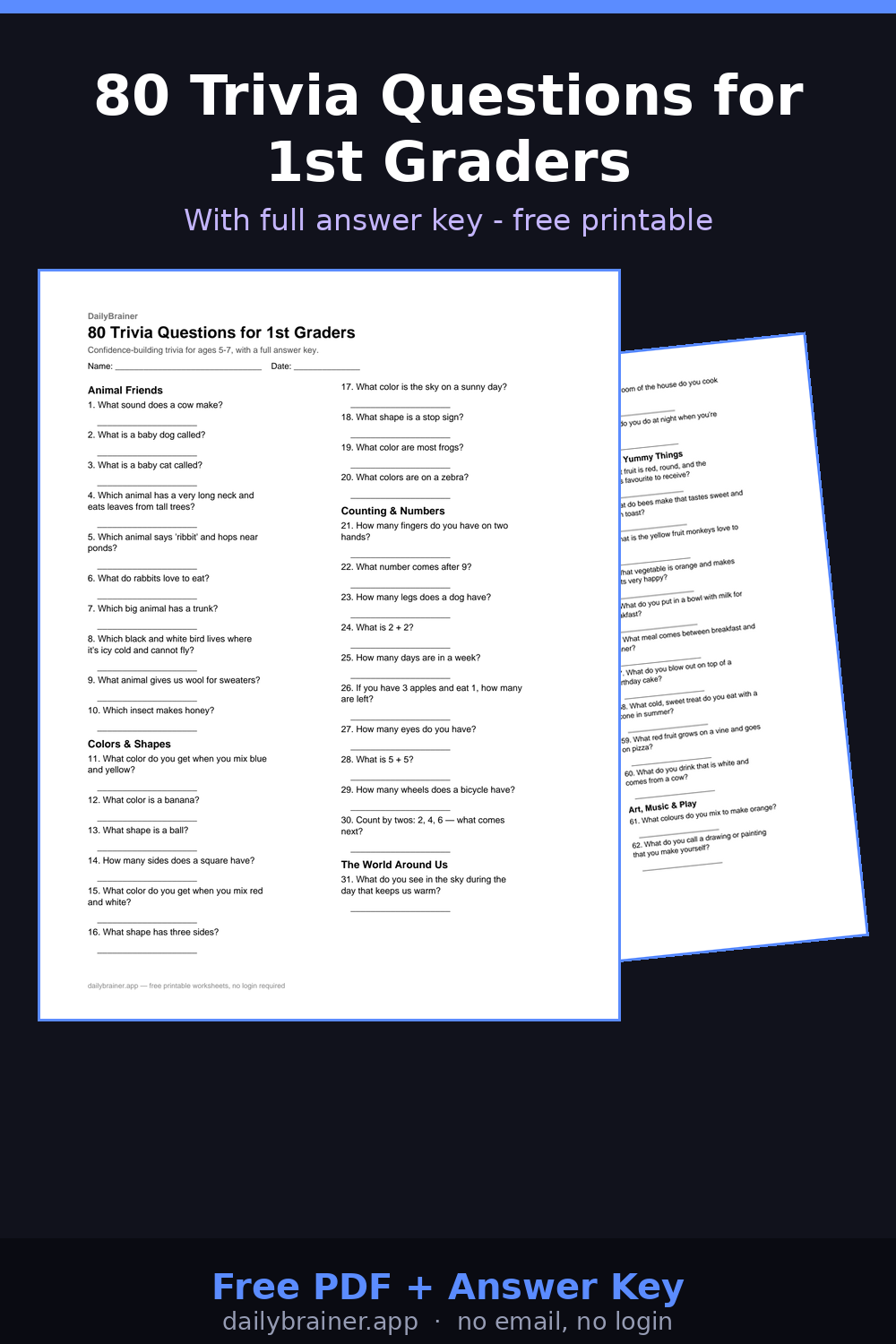Free printable 1st grade trivia questions worksheet with answer key — 80 questions