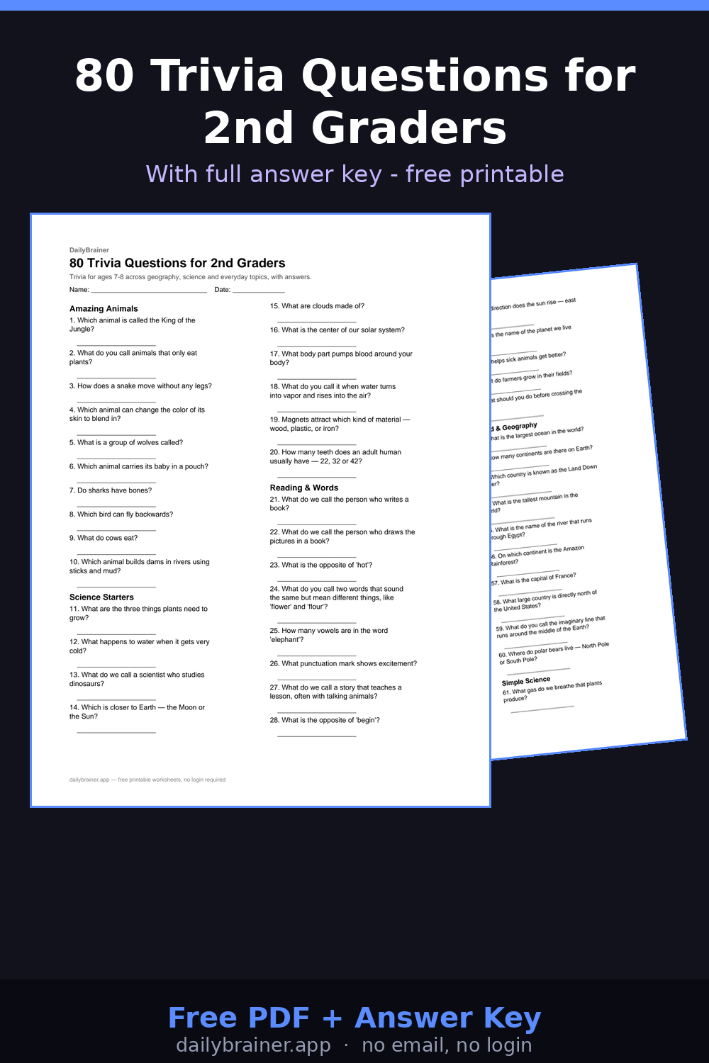 Free printable 2nd grade trivia questions worksheet with answer key — 80 questions