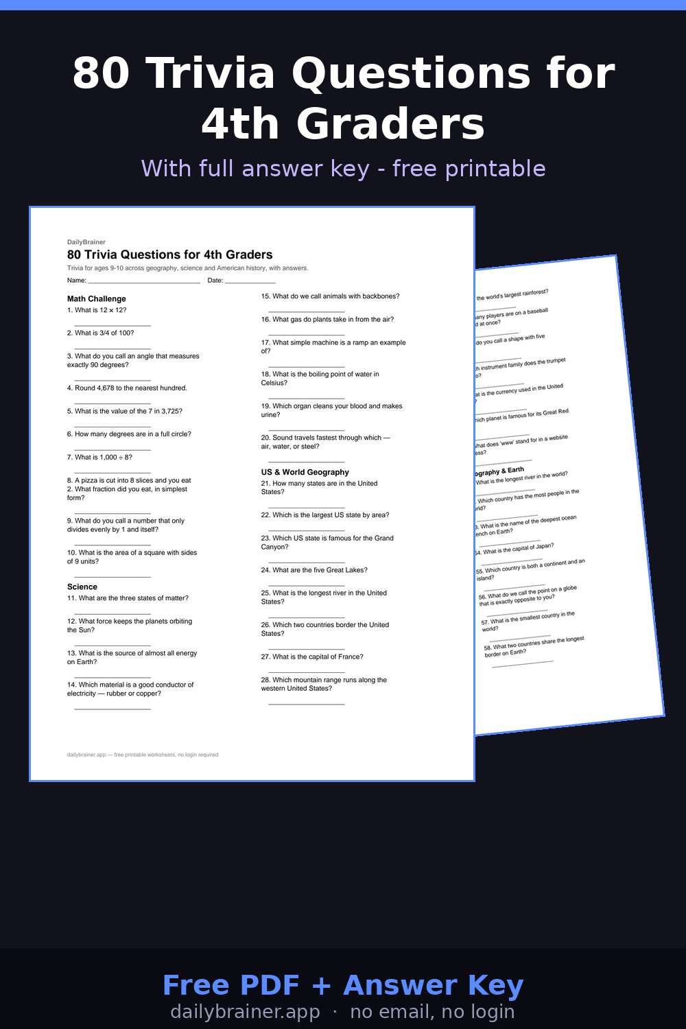 Free printable 4th grade trivia questions worksheet with answer key — 80 questions Free printable 4th grade trivia questions worksheet with answer key — 80 questions