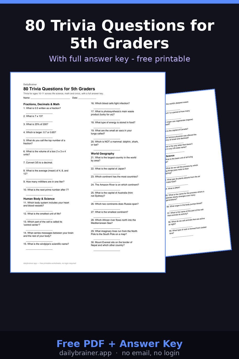 Free printable 5th grade trivia questions worksheet with answer key — 80 questions