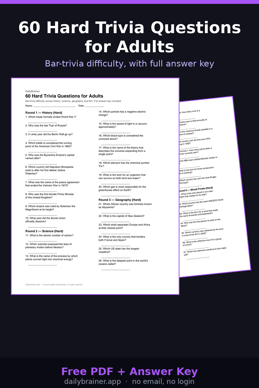 Free printable hard trivia questions for adults quiz sheet with answer key Free printable hard trivia questions for adults quiz sheet with answer key