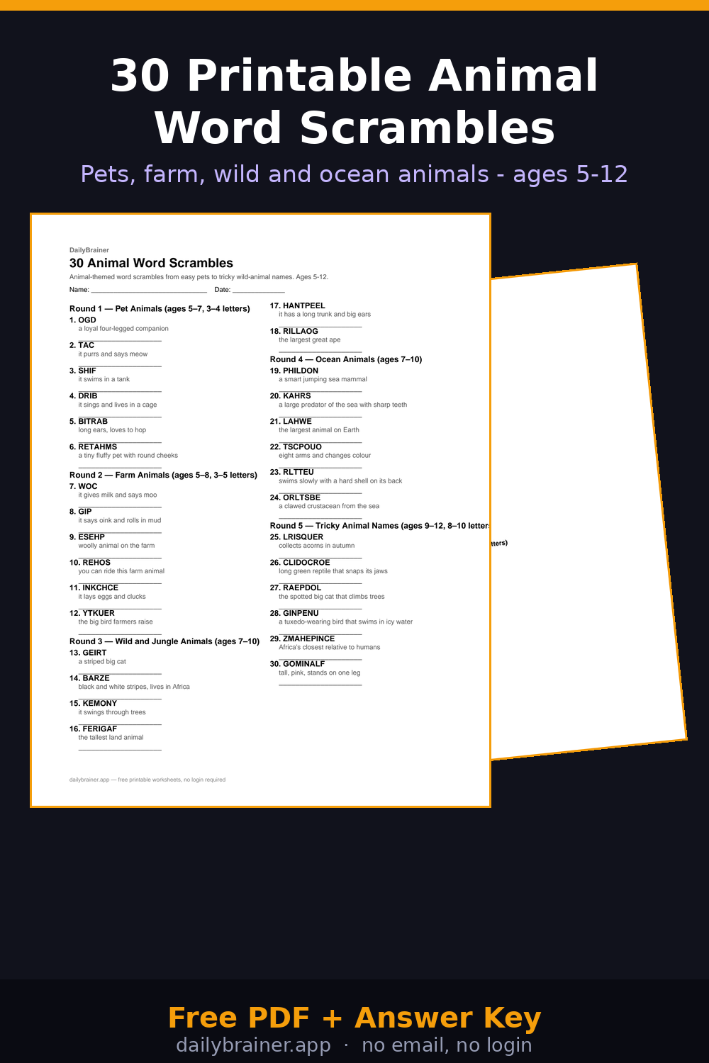 Free printable animal word scramble worksheet with answer key — 30 puzzles, PDF preview Free printable animal word scramble worksheet with answer key — 30 puzzles, PDF preview