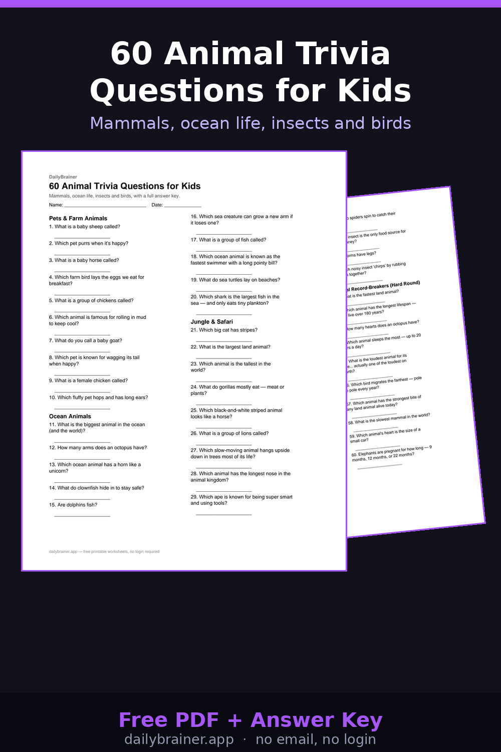 Free printable animal trivia questions worksheet with answer key — 60 questions