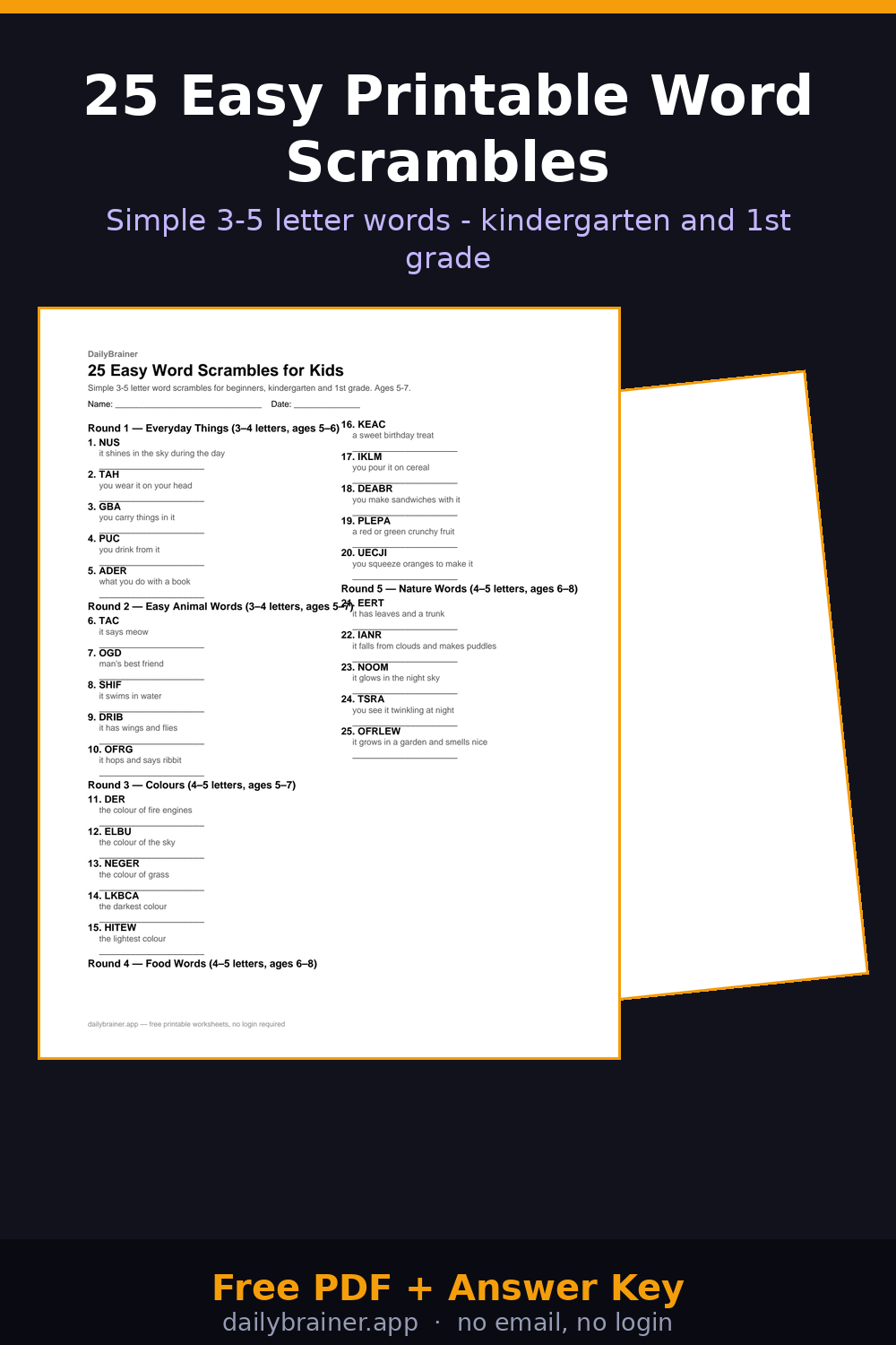 Free printable easy word scramble worksheet for kindergarten and 1st grade with answer key
