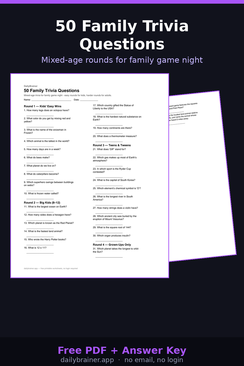 Free printable family trivia questions worksheet with answer key — 50 questions Free printable family trivia questions worksheet with answer key — 50 questions