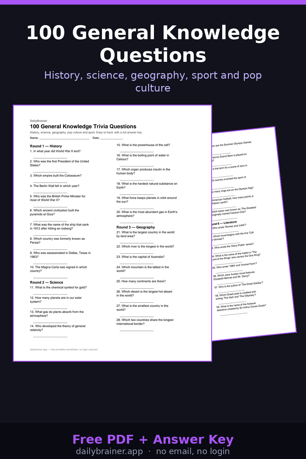 Free printable general knowledge trivia quiz sheet with answer key — 100 questions Free printable general knowledge trivia quiz sheet with answer key — 100 questions