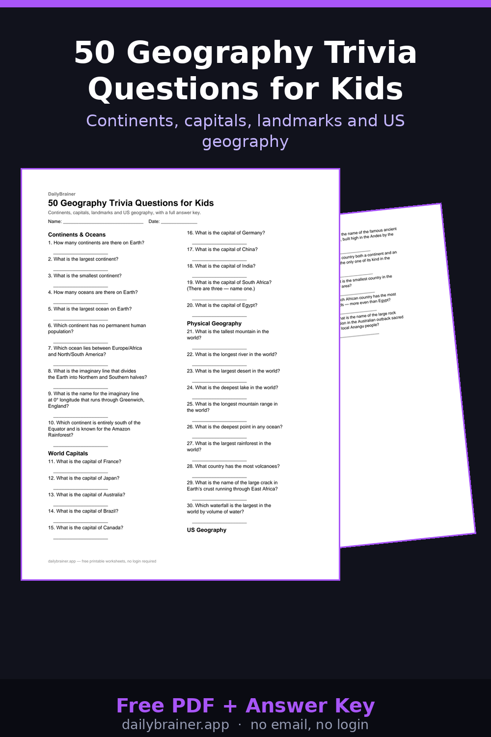 Free printable geography trivia questions worksheet with answer key — 50 questions