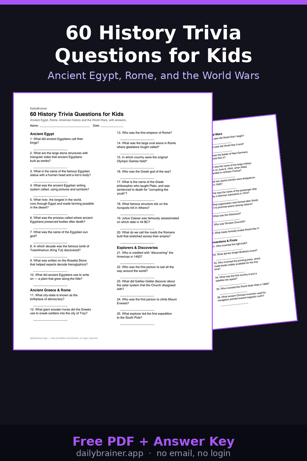 Free printable history trivia questions worksheet with answer key — 60 questions Free printable history trivia questions worksheet with answer key — 60 questions