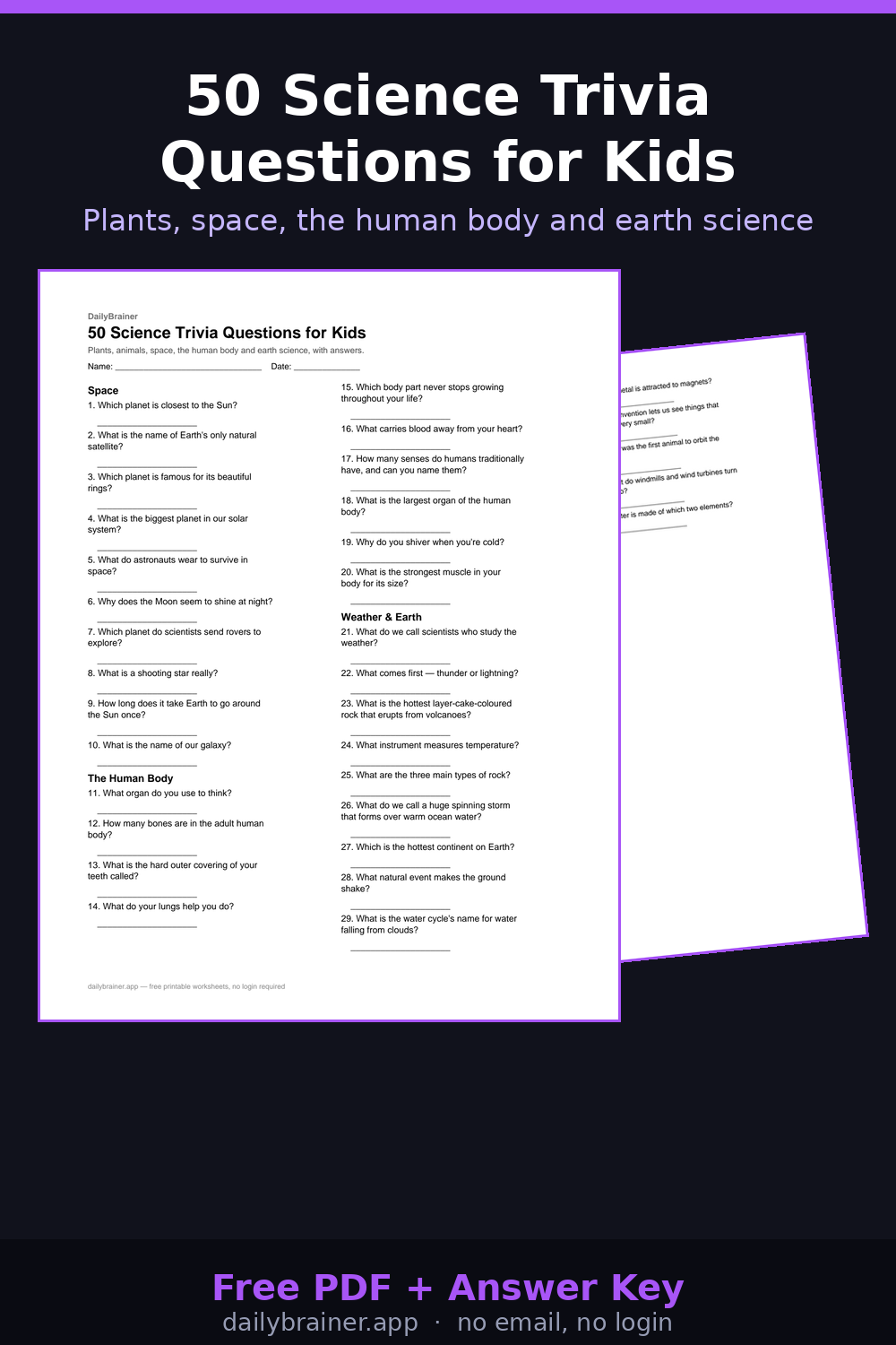 Free printable science trivia questions worksheet with answer key — 50 questions
