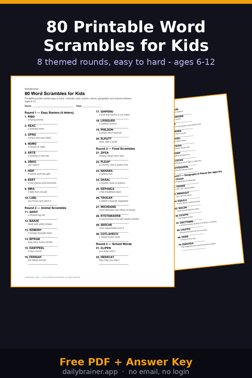 Free printable word scramble worksheet for kids with answer key — 80 puzzles, PDF preview
